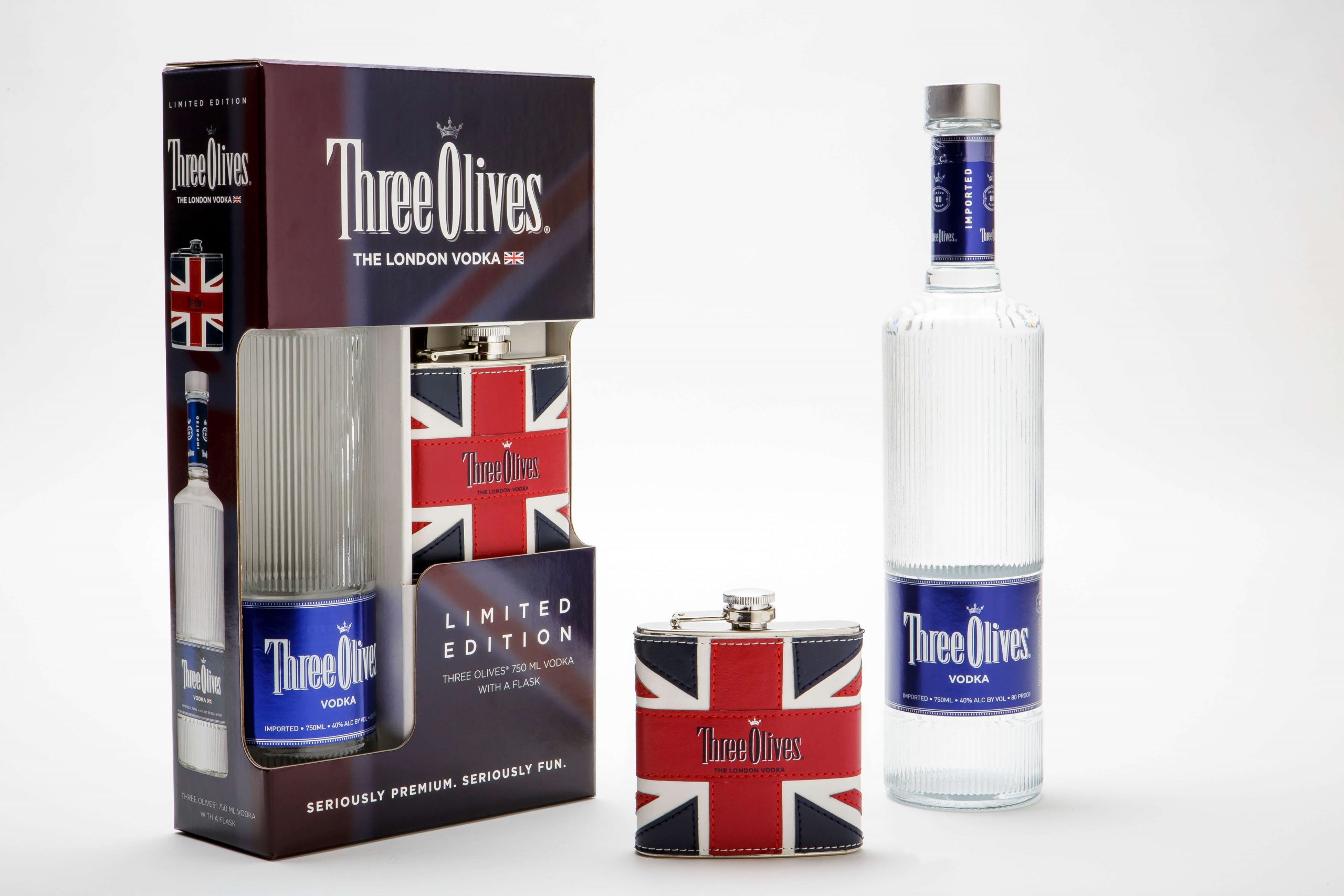 Three Olives liquor bottle and packaging